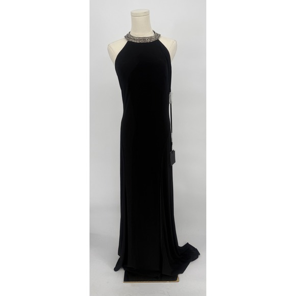 NWT leena Mac Duggal 25572 Black Beaded Halter Neck Jewel Strand Gown sz 10 $398 - Picture 4 of 11